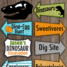 Load image into Gallery viewer, Decorate your Dinosaur event with these fun party signs.  This is an Editable PDF File, so you can personalize it and add your own wording.