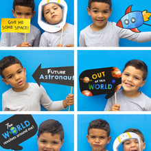 Load image into Gallery viewer, Party guests will love these fun Space Props, this will encourage your guests to post fun selfies. This also includes a bonus photo prop sign.