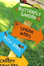 Load image into Gallery viewer, Decorate your Bug Party with these fun directional signs.  This is an Editable PDF File, so you can personalize it and add your child's name.