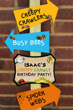 Load image into Gallery viewer, Decorate your Bug Party with these fun directional signs.  This is an Editable PDF File, so you can personalize it and add your child's name.