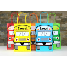 Load image into Gallery viewer, Decorate your goodie bags with this Wheels on the Bus PDF Template. This is a great theme for a child&#39;s birthday or back to school party. They can also be used on centerpieces or a decorative banner. The bus can be personalized with your child&#39;s name.
