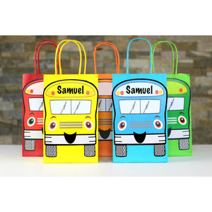 Decorate your goodie bags with this Wheels on the Bus PDF Template. This is a great theme for a child's birthday or back to school party. They can also be used on centerpieces or a decorative banner. The bus can be personalized with your child's name.