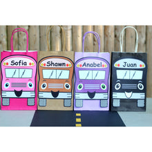 Load image into Gallery viewer, Decorate your goodie bags with this Wheels on the Bus PDF Template. This is a great theme for a child&#39;s birthday or back to school party. They can also be used on centerpieces or a decorative banner. The bus can be personalized with your child&#39;s name.