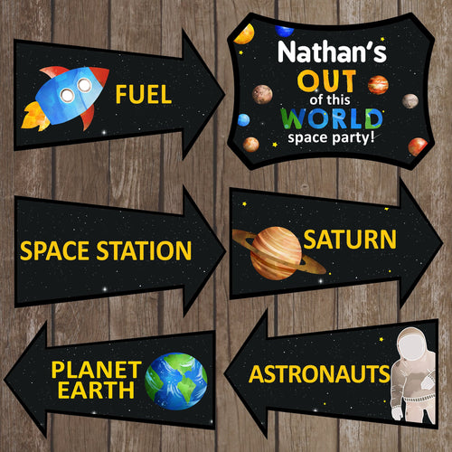 Decorate your Space Party with these fun directional signs.  This is an Editable PDF File, so you can personalize it and add your child's name.