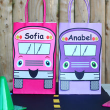 Load image into Gallery viewer, Decorate your goodie bags with this Wheels on the Bus PDF Template. This is a great theme for a child&#39;s birthday or back to school party. They can also be used on centerpieces or a decorative banner. The bus can be personalized with your child&#39;s name. It also includes stop sign thank you tags.