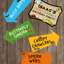 Load image into Gallery viewer, Decorate your Bug Party with these fun directional signs.  This is an Editable PDF File, so you can personalize it and add your child&#39;s name.