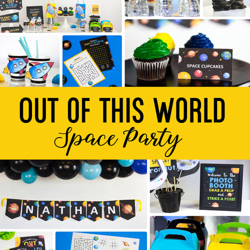 This party package is outta this world !! Use this template to decorate your Space Party. The template can be personalized with your child's name and age.