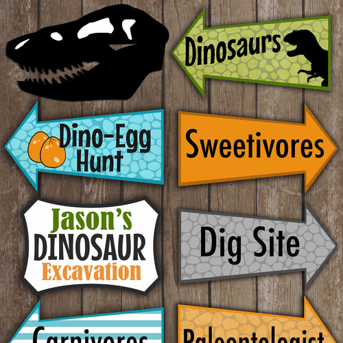 Decorate your Dinosaur event with these fun party signs.  This is an Editable PDF File, so you can personalize it and add your own wording.
